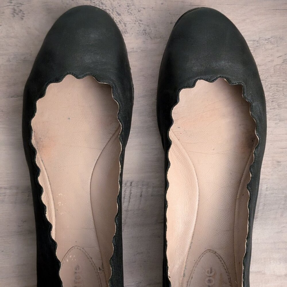 Chloe Lauren Scalloped Black Leather Ballet Flats EU 36.5 Designer Ballerina